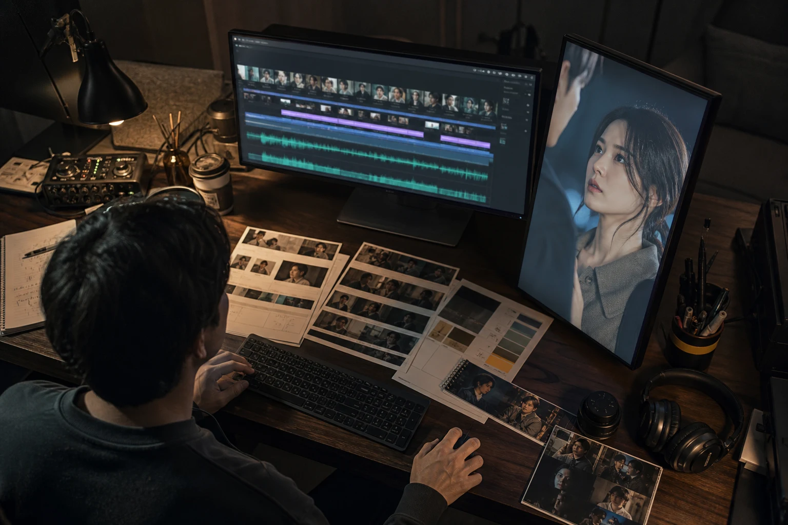An editor building a fictional adult AI short drama from vertical keyframes, continuity sheets, audio tracks, and a shot timeline