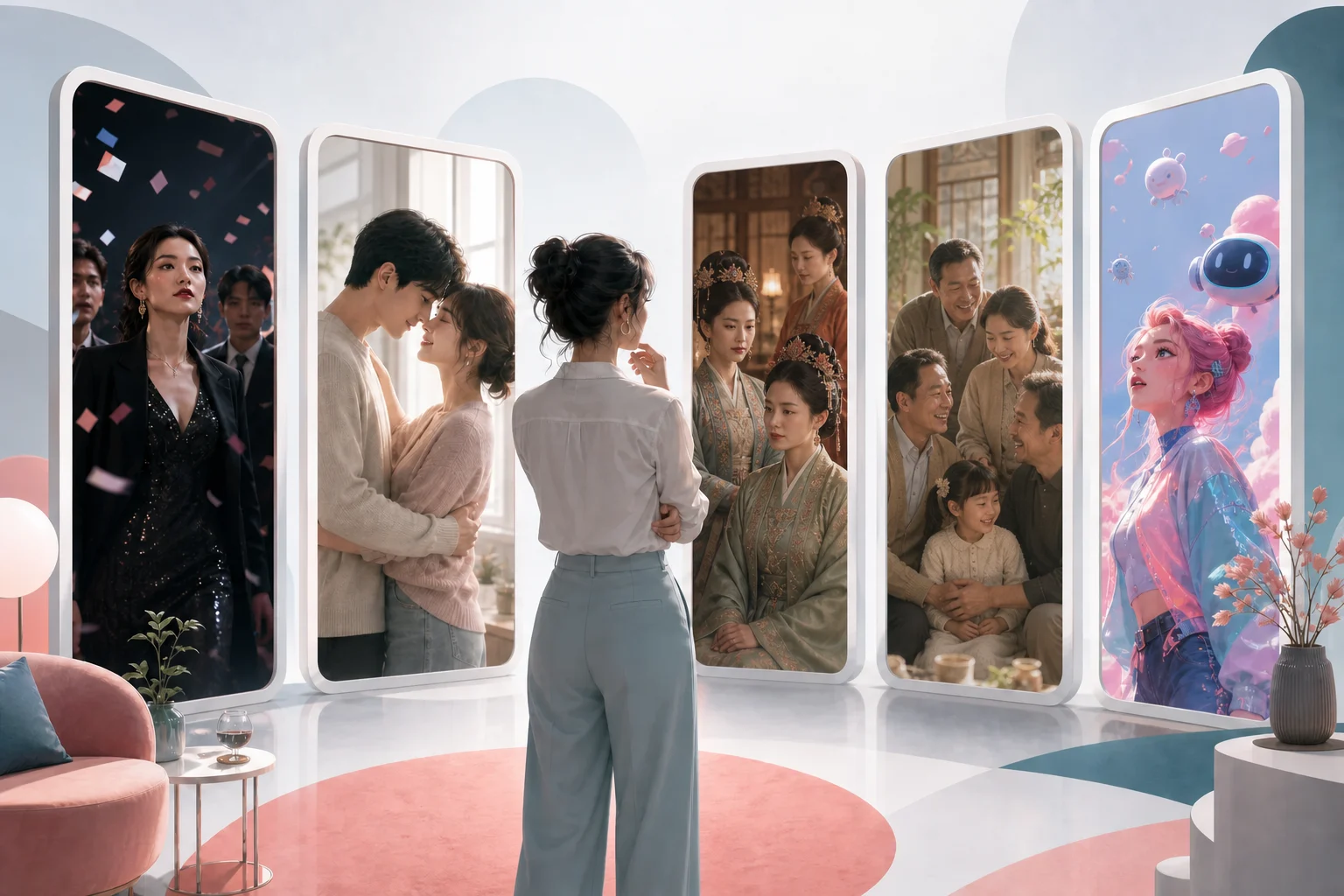 A text-free viewing guide showing Chinese short-drama moods including revenge, romance, historical intrigue, family healing, and AI animation